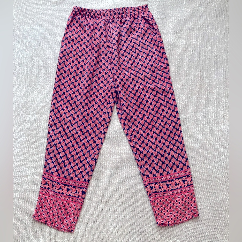 Elan Leaf Print Pants Size Medium Boho‎ Floral Batik Elastic Waistband Navy